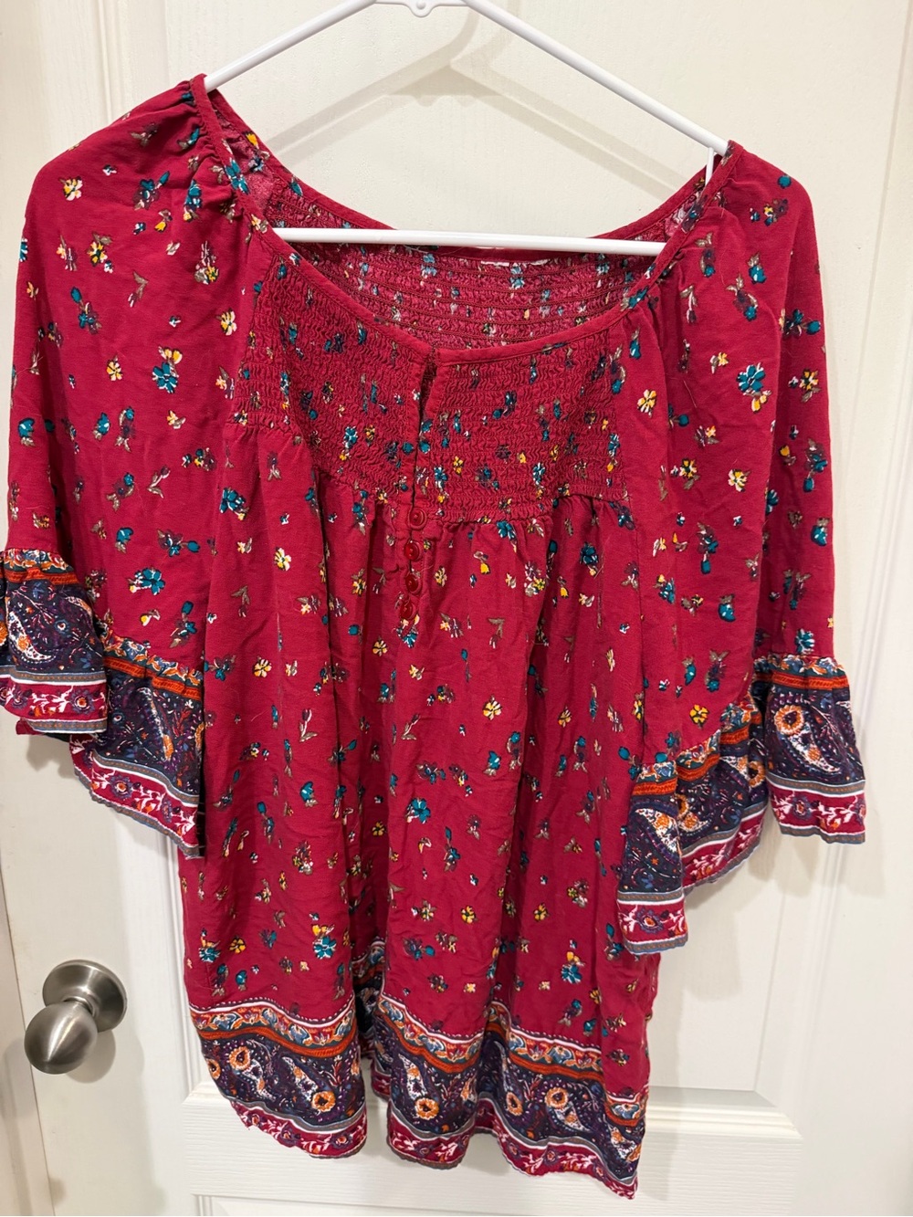 Boho Floral Smocked Tunic Top in Deep Red